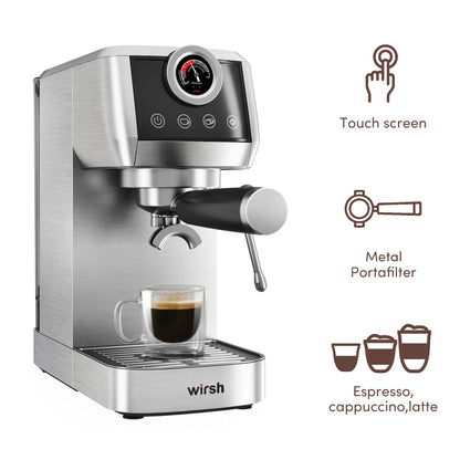 Wirsh 20 Bar Espresso Machine with Plastic Free Portafitler and Steamer, Pressure Gauge, Touch Screen, Full Stainless Steel (Home Barista Plus)