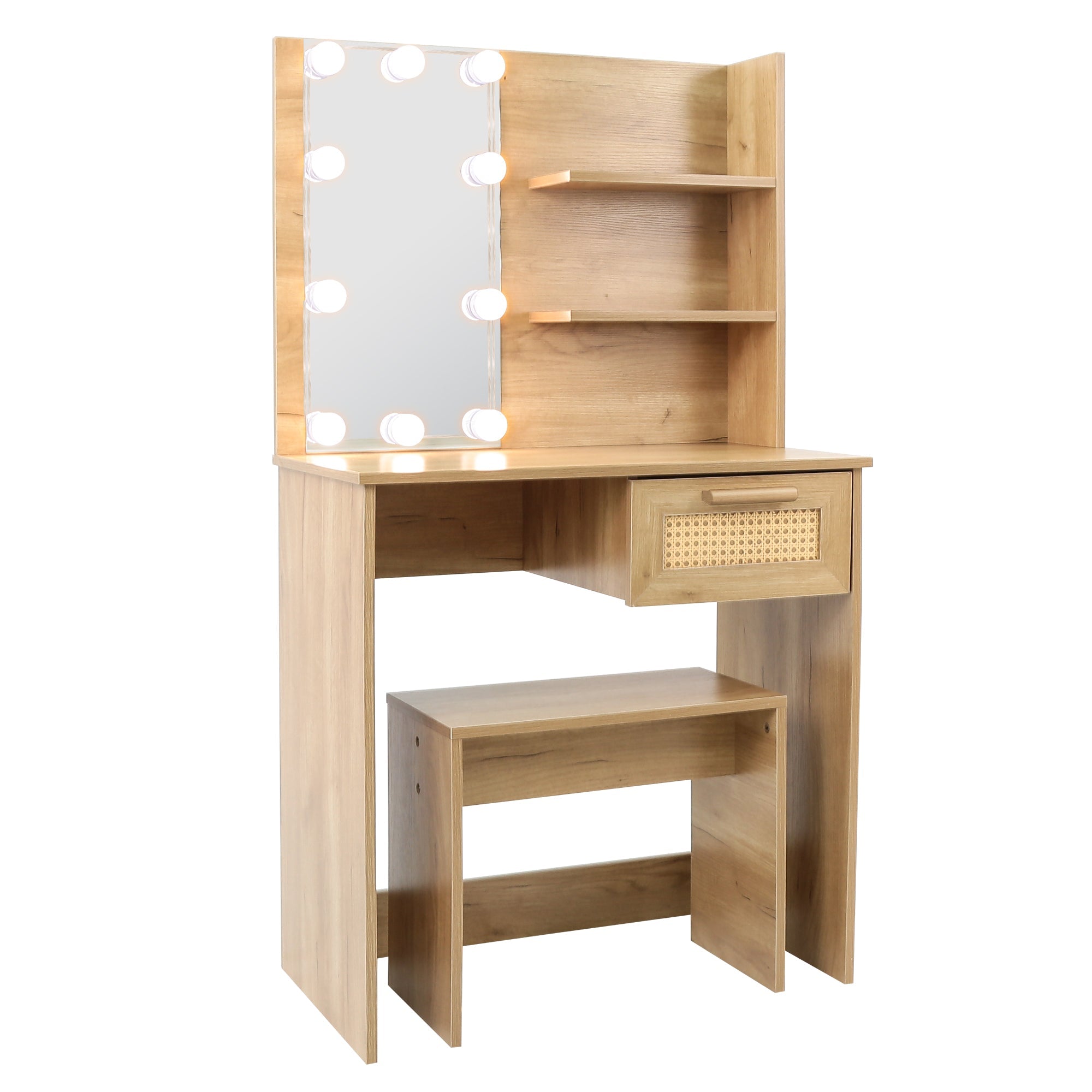 Vanity Desk Set Stool &amp; Dressing Table with LED Lighting Mirror Drawer and Wood Cosmetic Table Chest of Drawers Nature Color