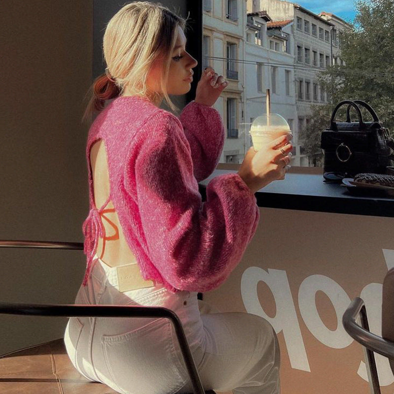 Long sleeved backless lace up sexy spicy girl knitted loose women&
