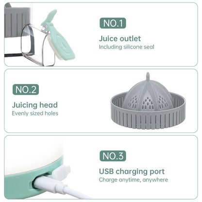 Portable USB - rechargeable slow juicer for oranges, lemons &amp; other fruits. A handy electric blender for home kitchens.