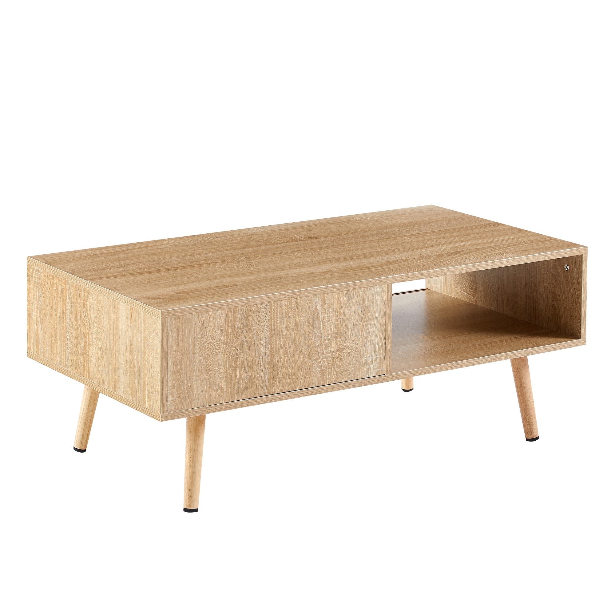 41.34" Rattan Coffee table sliding door for storage solid wood legs Modern table for living room  natural