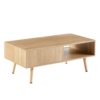 41.34" Rattan Coffee table sliding door for storage solid wood legs Modern table for living room  natural