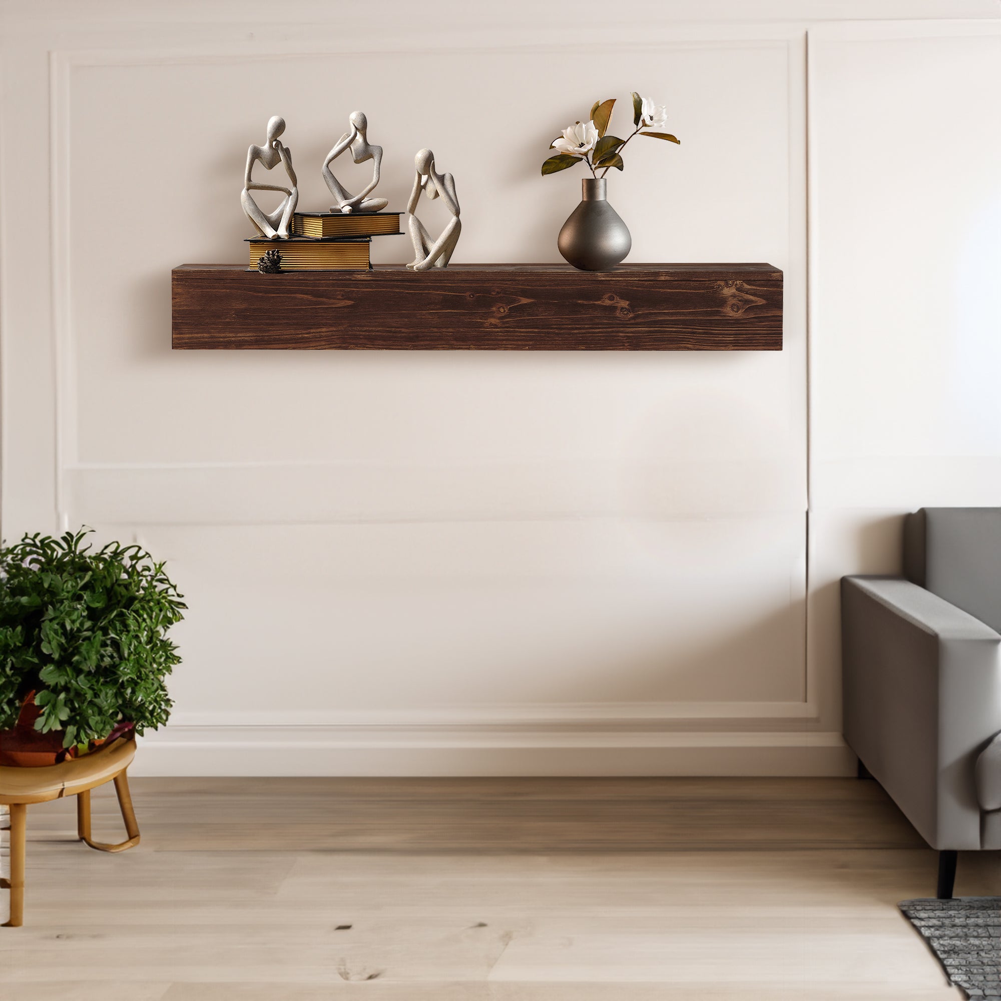 60" Rustic Wood Fireplace Mantel,Wall-Mounted &amp; Floating Shelf for Home Decor Espresso + Solid Wood