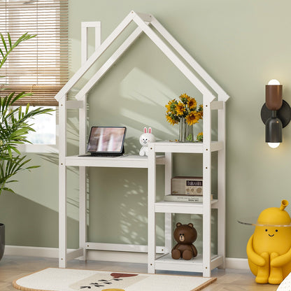 House-shaped Wooden writing Desk,Kids study Table,Bookshelf &amp; Toy Storage,White