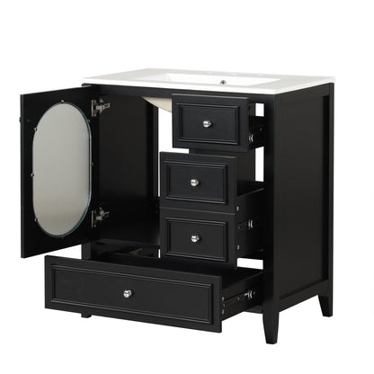 30" Bathroom Vanity with Sink, Bathroom Vanity Cabinet with Three Drawers and Door, Solid Wood and MDF, Black