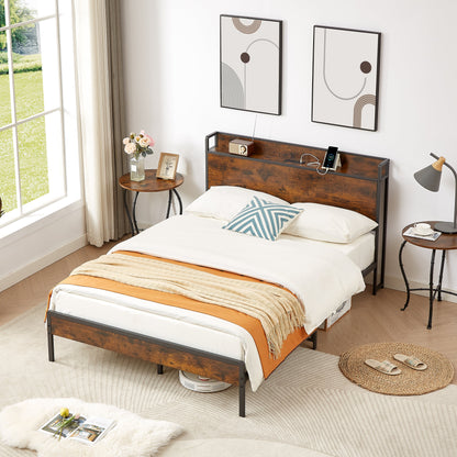 Bed frame with charging station full size, Rustic Brown, 83.1&