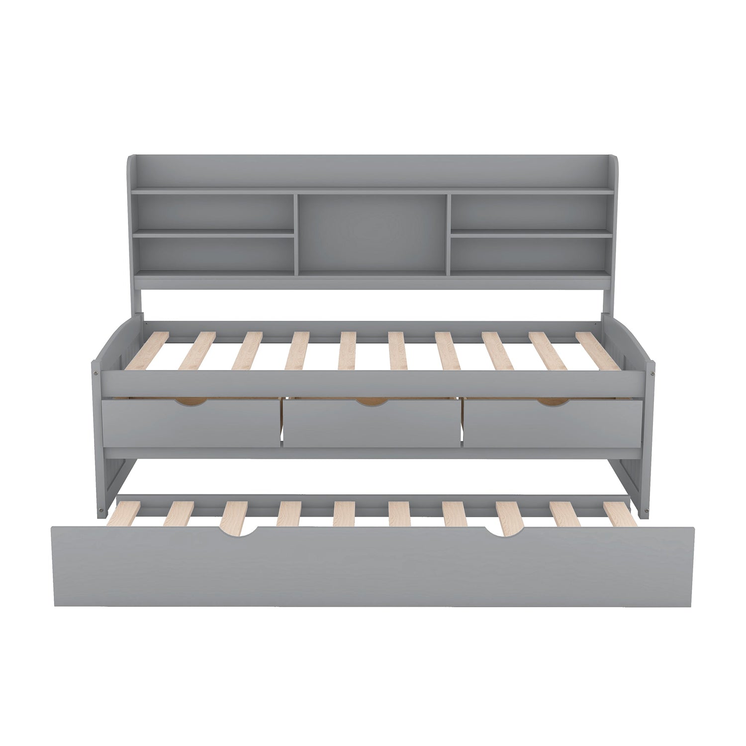 Twin Size Wooden Captain Bed with Built-in Bookshelves,Three Storage Drawers and Trundle Light Grey