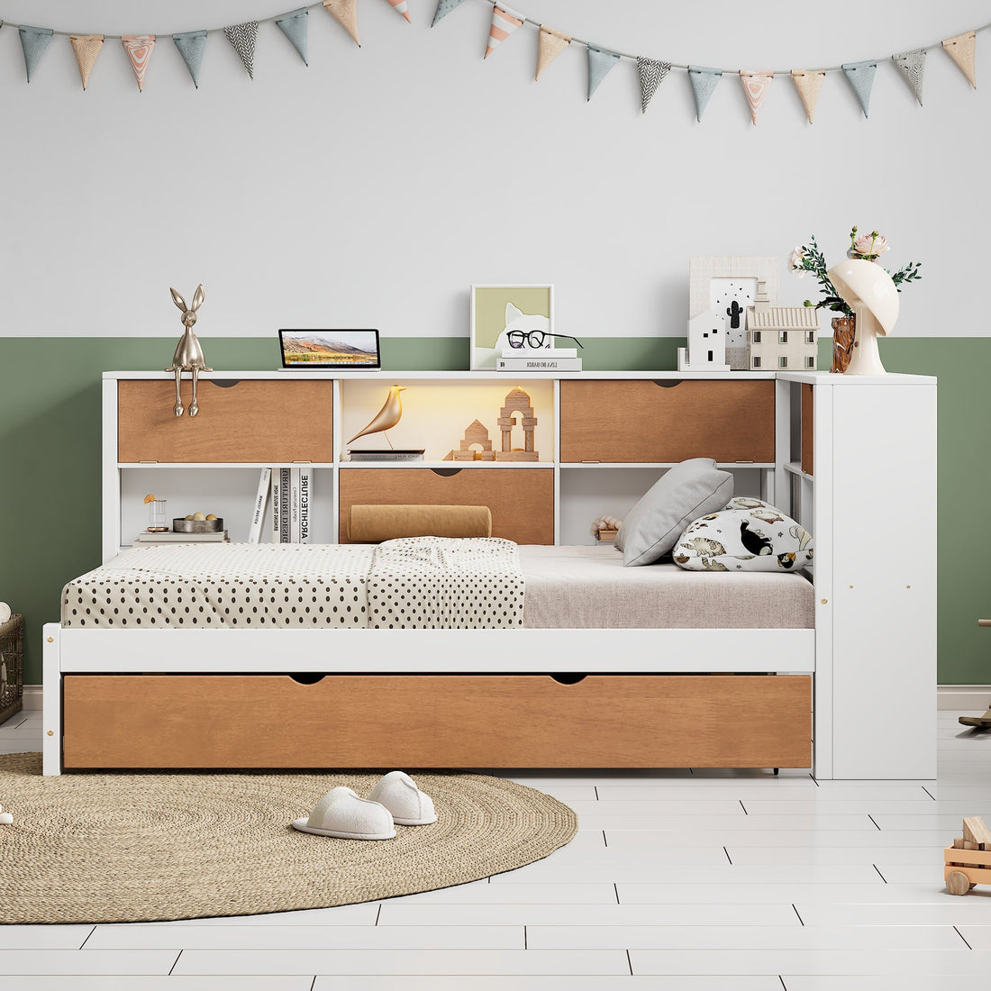 L-shaped bed frame with luggage and bookshelf, corner bed wooden captain&