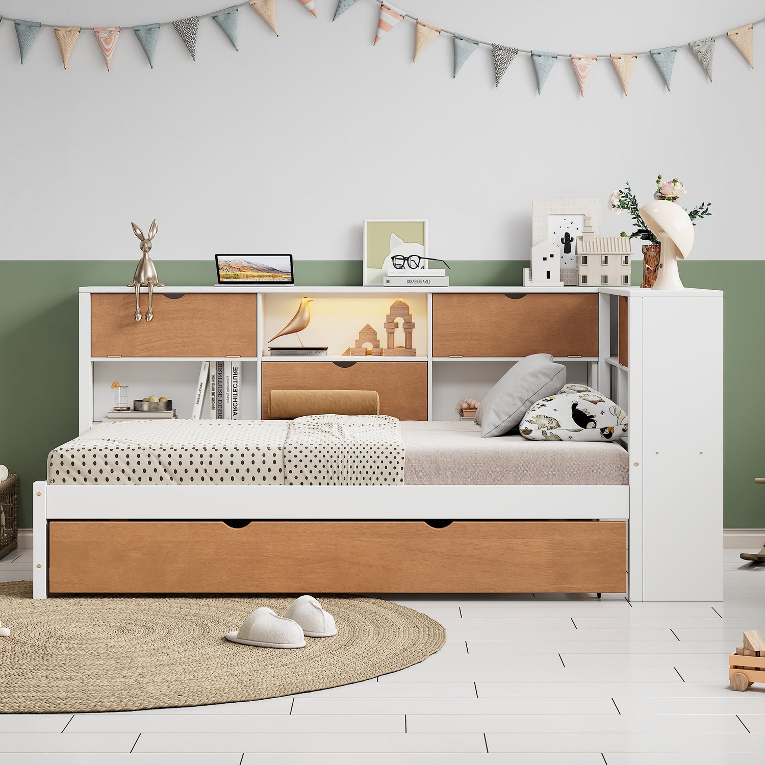 L-shaped bed frame with luggage and bookshelf, corner bed wooden captain&