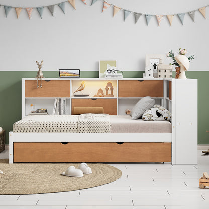 L-shaped bed frame with luggage and bookshelf, corner bed wooden captain&