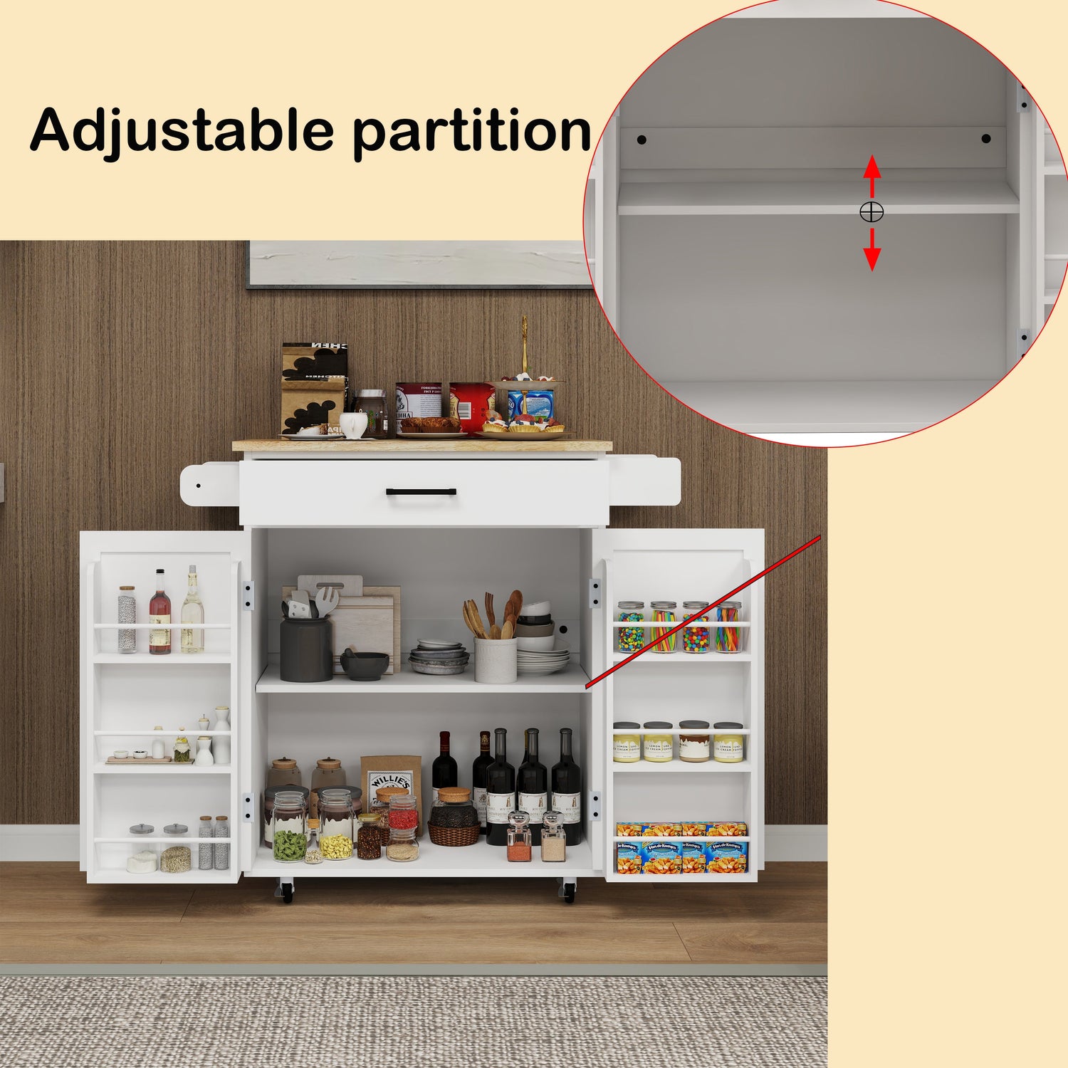 Kitchen island rolling trolley cart with 1 drawer &amp; 2 doors with storage racks &amp; Adjustable Shelves &amp; towel rack
