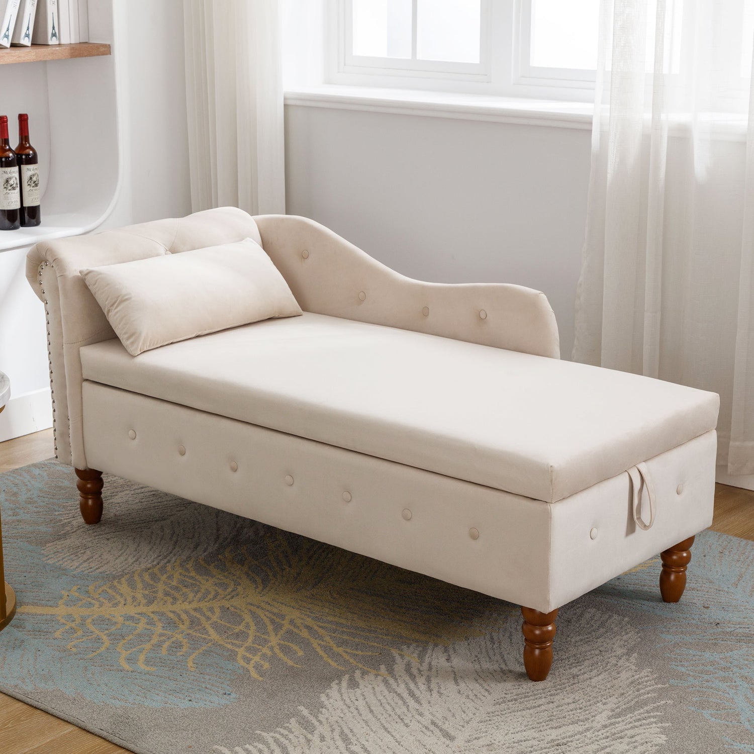 Beige Chaise Lounge Indoor Velvet Lounge Chair for Bedroom with Storage &amp; Pillow Modern Upholstered Rolled Arm Chase Lounge