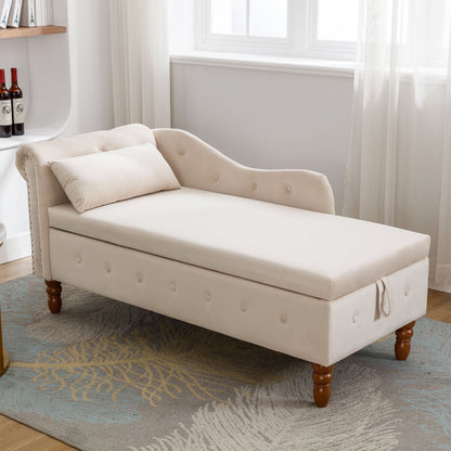 Beige Chaise Lounge Indoor Velvet Lounge Chair for Bedroom with Storage &amp; Pillow Modern Upholstered Rolled Arm Chase Lounge
