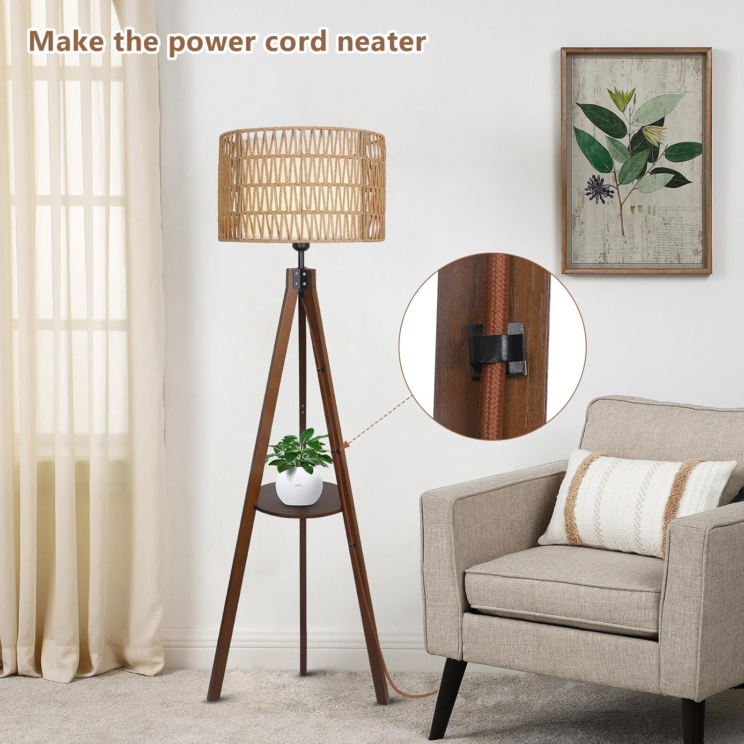 Boho Tripod Floor Lamp with Shelves, Mid Century Wood Standing Lamp with Rattan &amp; Fabric Shades, ON/Off Foot Switch Office