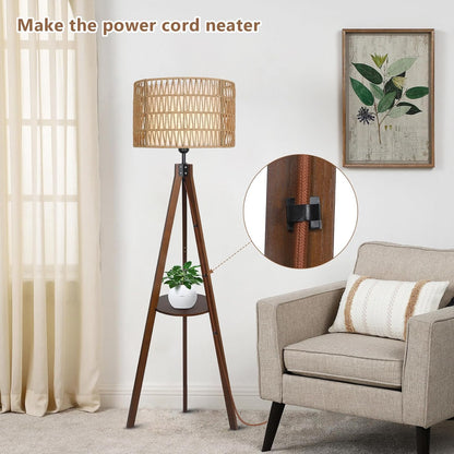 Boho Tripod Floor Lamp with Shelves, Mid Century Wood Standing Lamp with Rattan &amp; Fabric Shades, ON/Off Foot Switch Office
