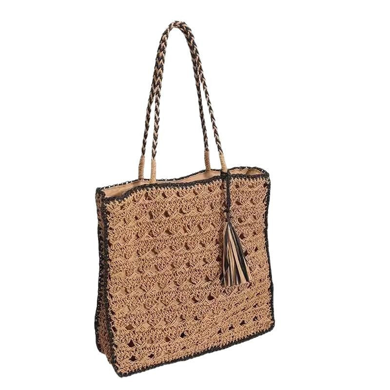 Square tassel single shoulder grass woven bag small fresh hollow handmade grass woven bag women&