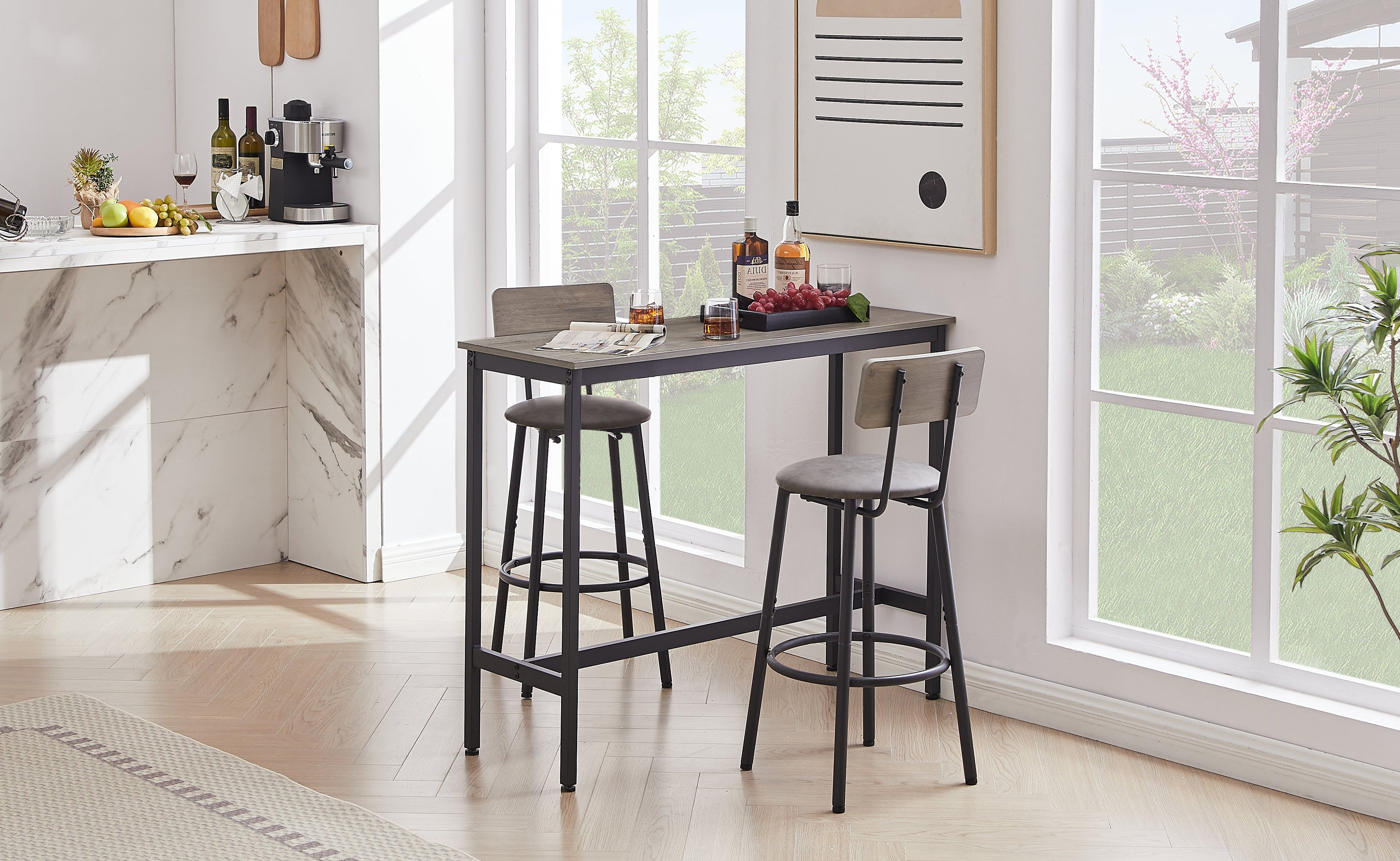 Bar Table Set with 2 Bar stools PU Soft seat with backrest Grey 43.31&