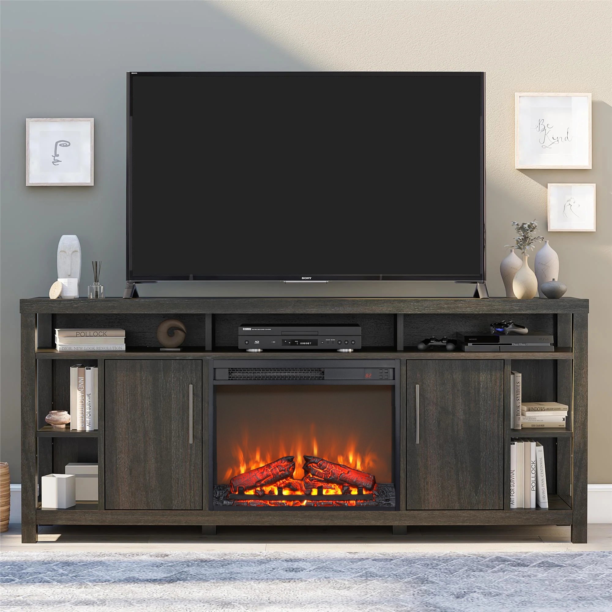 23 inch electric fireplace insert ultra thin heater with log set &amp; realistic flame remote control