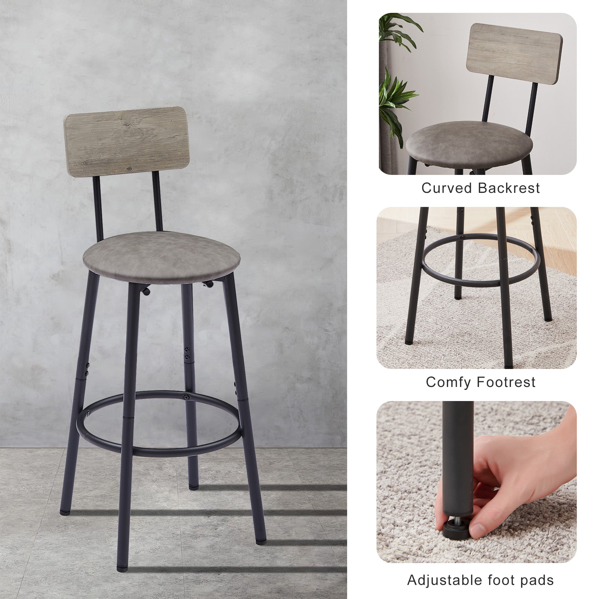 Bar Table Set with 4 Bar stools PU Soft seat with backrest Grey 47.24&