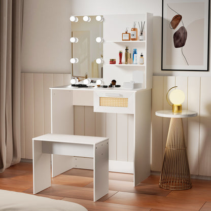 Vanity Desk Set Stool &amp; Dressing Table with LED Lighting Mirror Drawer and Wood Cosmetic Table Chest of Drawers White Color