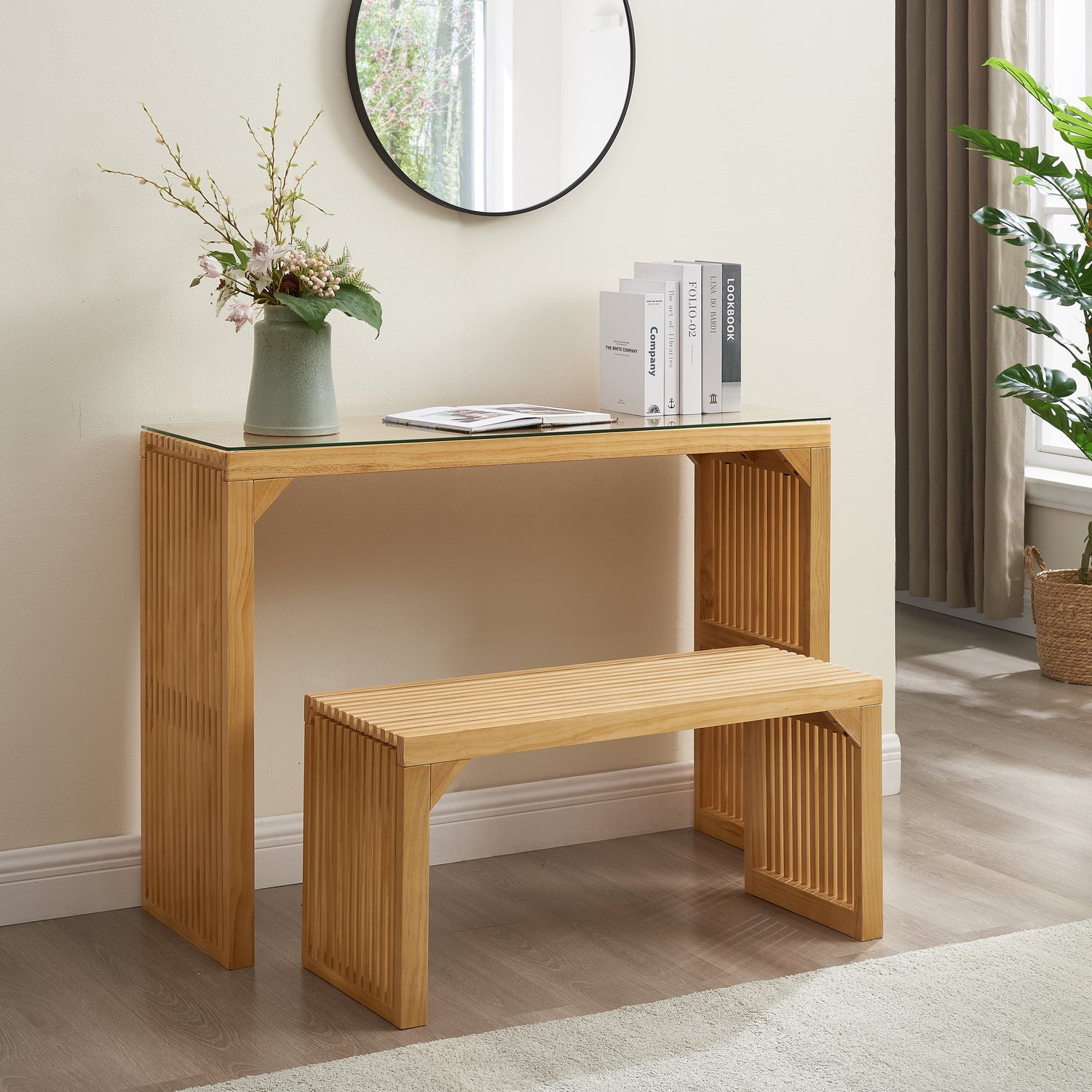 Dining Bench and Table, Pine Indoor Wood Bench for Entryway,Living Room,Kitchen and Bedroom Table (Nature, Long Bench &amp; Table)