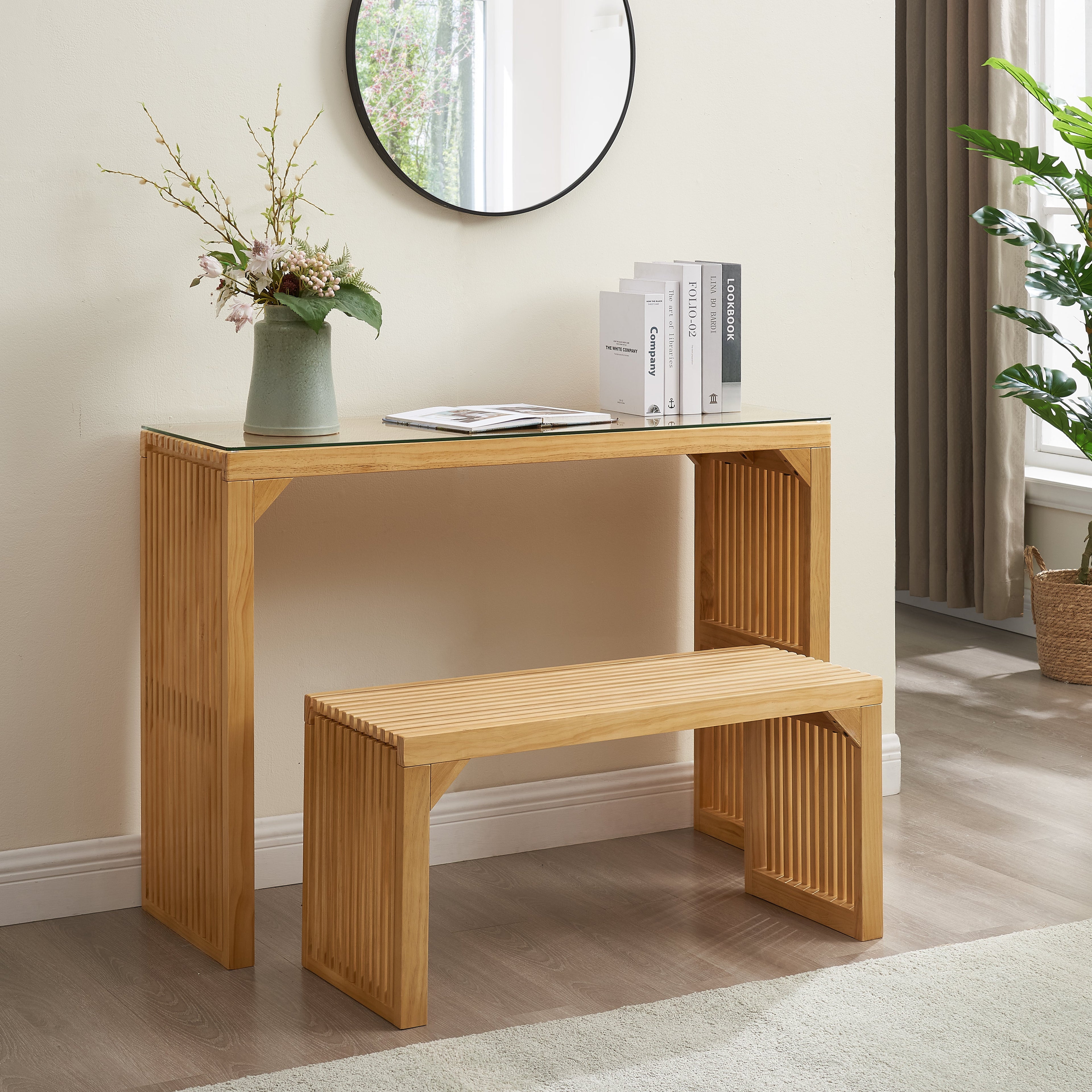 Dining Bench and Table, Pine Indoor Wood Bench for Entryway,Living Room,Kitchen and Bedroom Table (Nature, Long Bench &amp; Table)