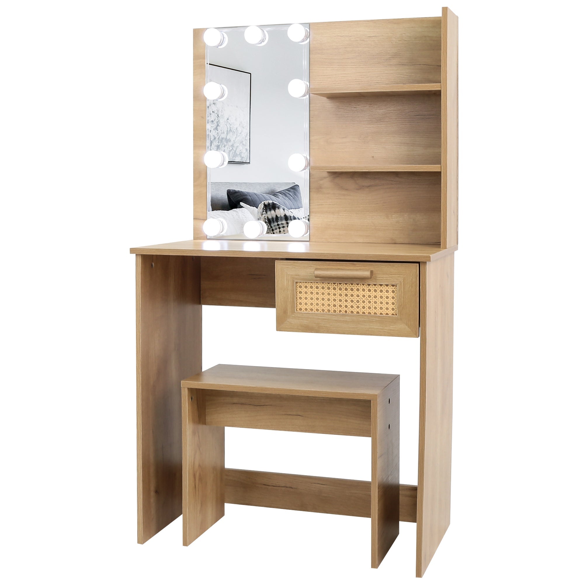 Vanity Desk Set Stool &amp; Dressing Table with LED Lighting Mirror Drawer and Wood Cosmetic Table Chest of Drawers Nature Color