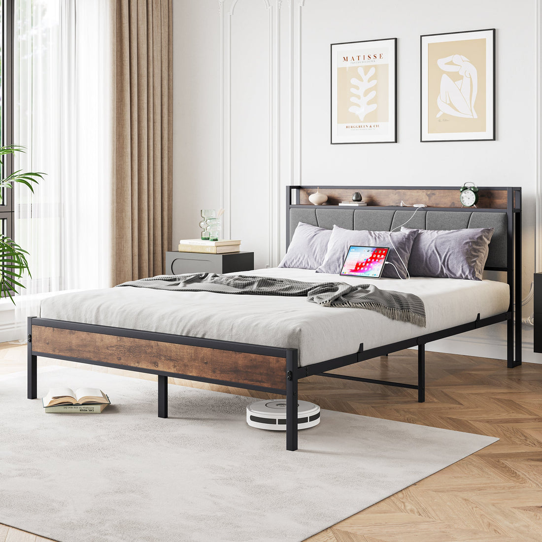 Queen Size Bed Frame Storage Headboard with Charging Station Solid and Stable Noise Free Vintage Brown and Gray
