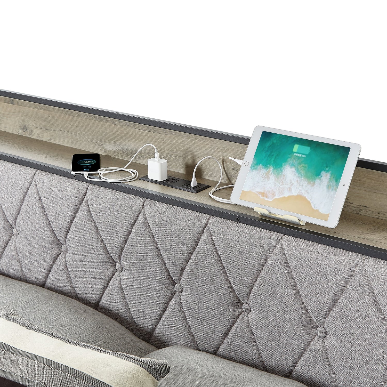 Bed frame with charging station full size, Grey, 83.1&