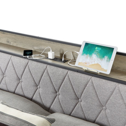 Bed frame with charging station full size, Grey, 83.1&