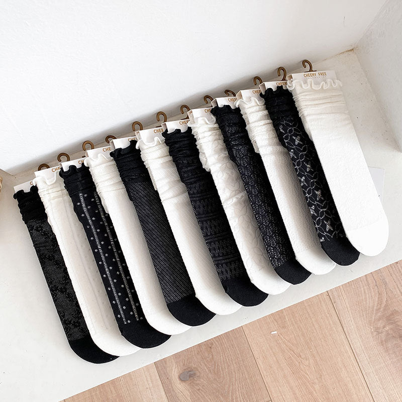 1 pair of socks for women summer thin black middle tube socks Japanese lace ballet style socks mesh breathable pile socks