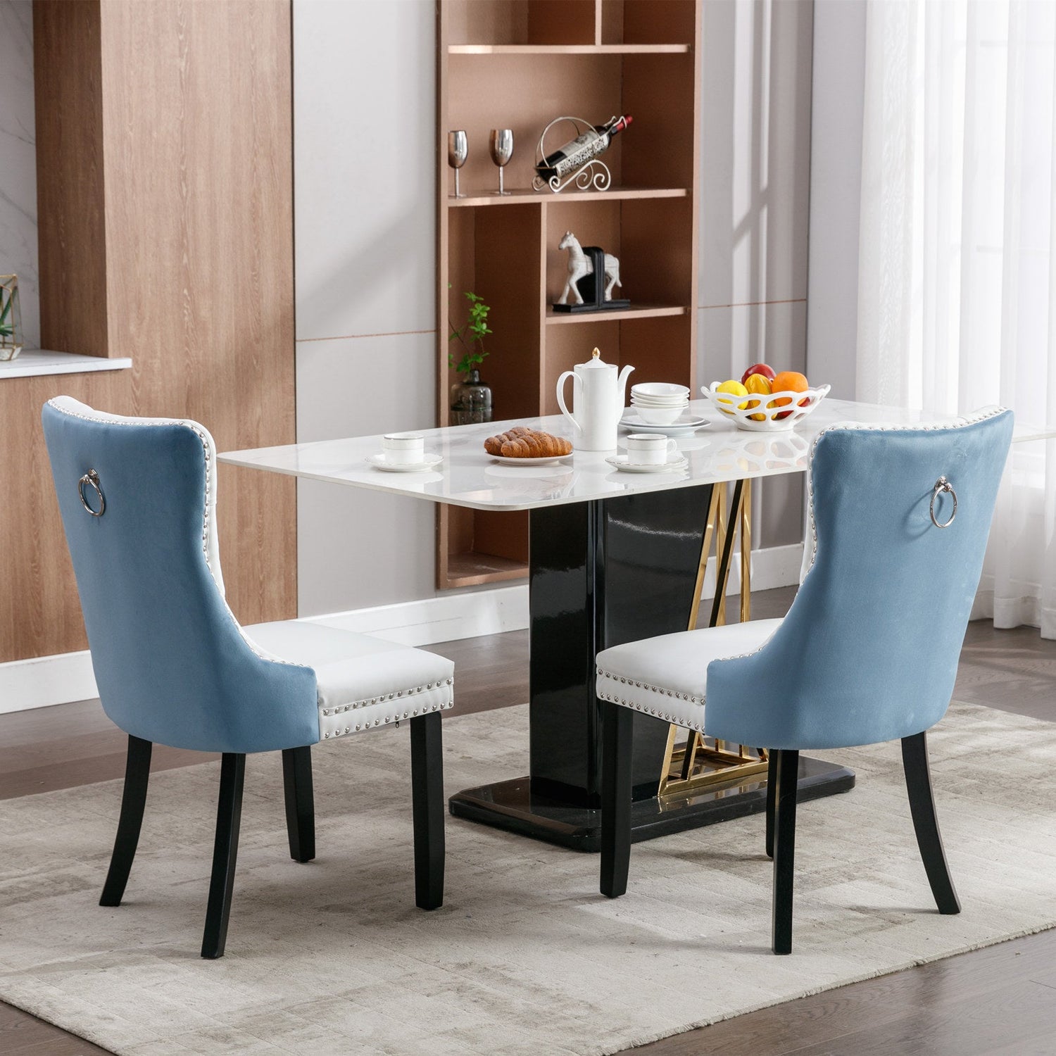 A&amp;A Furniture Nikki Collection Modern High-end Tufted Solid Wood Contemporary PU 2-Pcs Set White+Light Blue