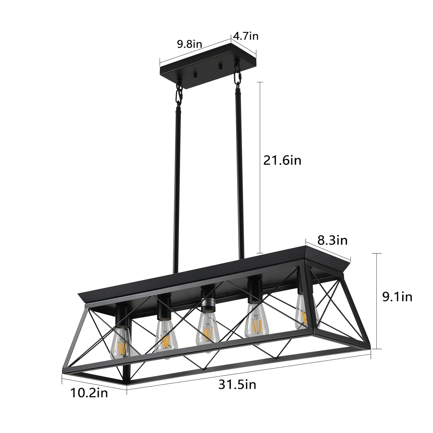 5-light farmhouse pendant light, metal pendant light island fixture, modern rectangular island light, pure black (no bulb)