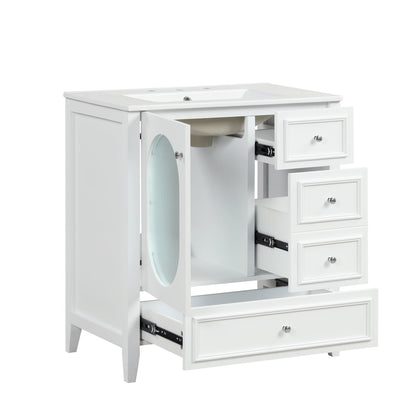 30" Bathroom Vanity with Sink, Bathroom Vanity Cabinet with Three Drawers and Door, Solid Wood and MDF, White