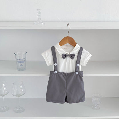 Summer baby hoodie tie suspender shorts two-piece set for gentlemen&