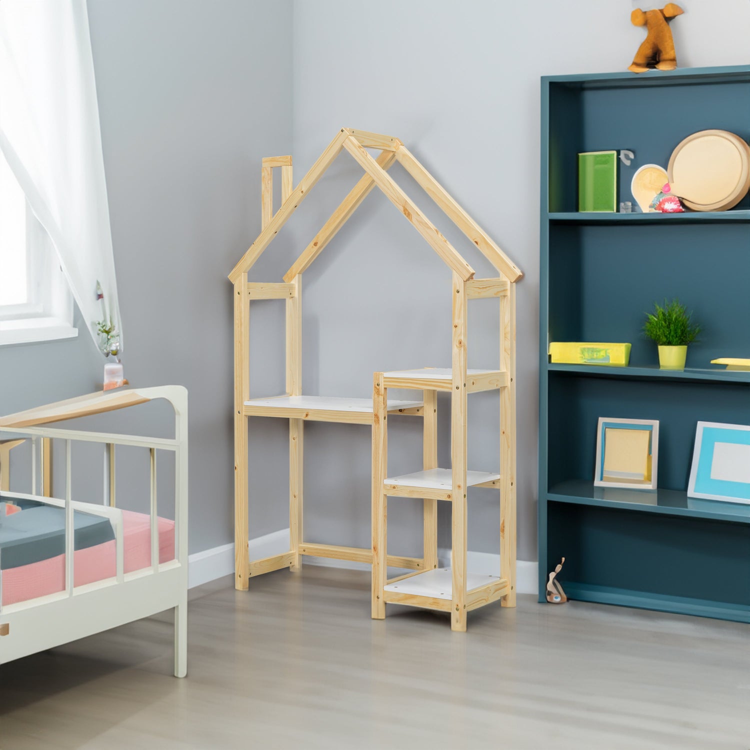 House-shaped Wooden writing Desk Kids study Table Bookshelf &amp; Toy Storage Natural