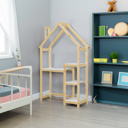 House-shaped Wooden writing Desk Kids study Table Bookshelf &amp; Toy Storage Natural