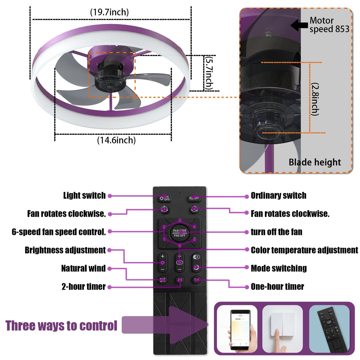 Purple Dimmable LED Ceiling Fan