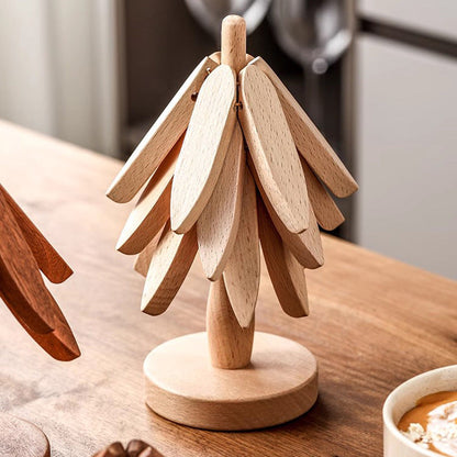 Wooden Christmas Tree Folding Coaster Black Walnut Thick Seat Adiabatic Pad For Kitchen Desktop Decoration Housewarming Gift