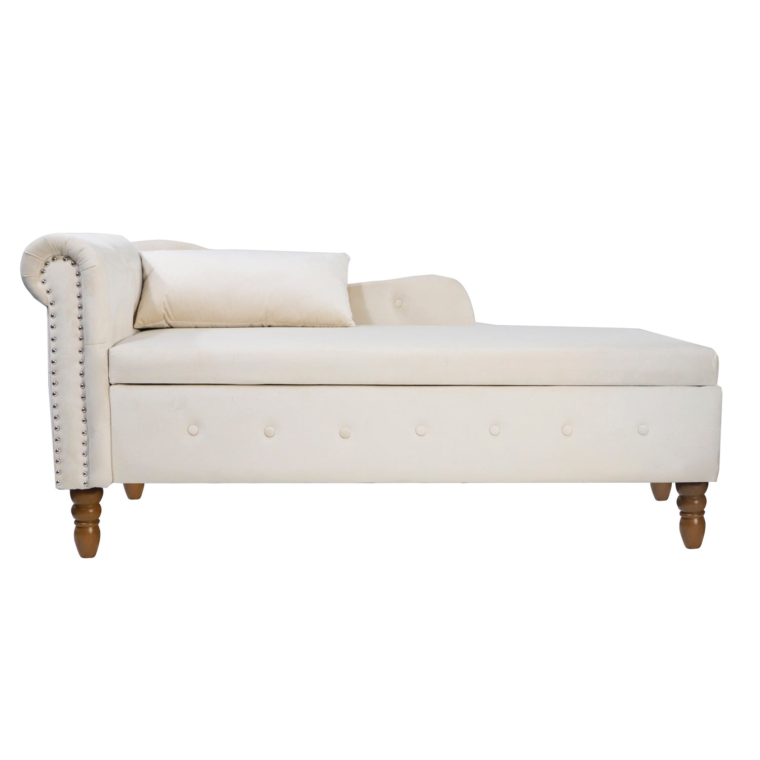 Beige Chaise Lounge Indoor Velvet Lounge Chair for Bedroom with Storage &amp; Pillow Modern Upholstered Rolled Arm Chase Lounge
