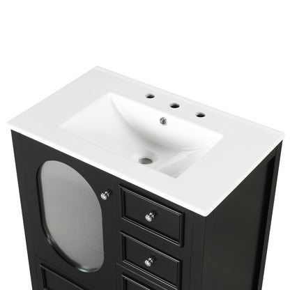 30" Bathroom Vanity with Sink, Bathroom Vanity Cabinet with Three Drawers and Door, Solid Wood and MDF, Black