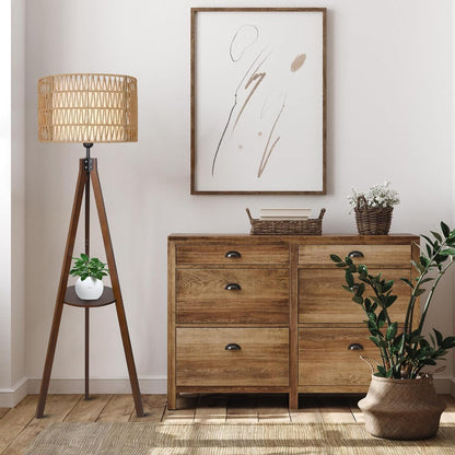 Boho Tripod Floor Lamp with Shelves, Mid Century Wood Standing Lamp with Rattan &amp; Fabric Shades, ON/Off Foot Switch Office