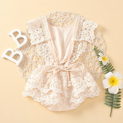 Solid color backless lace up baby jumpsuit