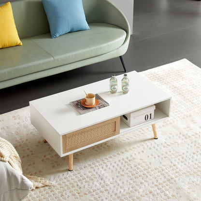 41.34" Rattan Coffee table sliding door for storage solid wood legs White