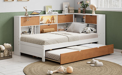 L-shaped bed frame with luggage and bookshelf, corner bed wooden captain&