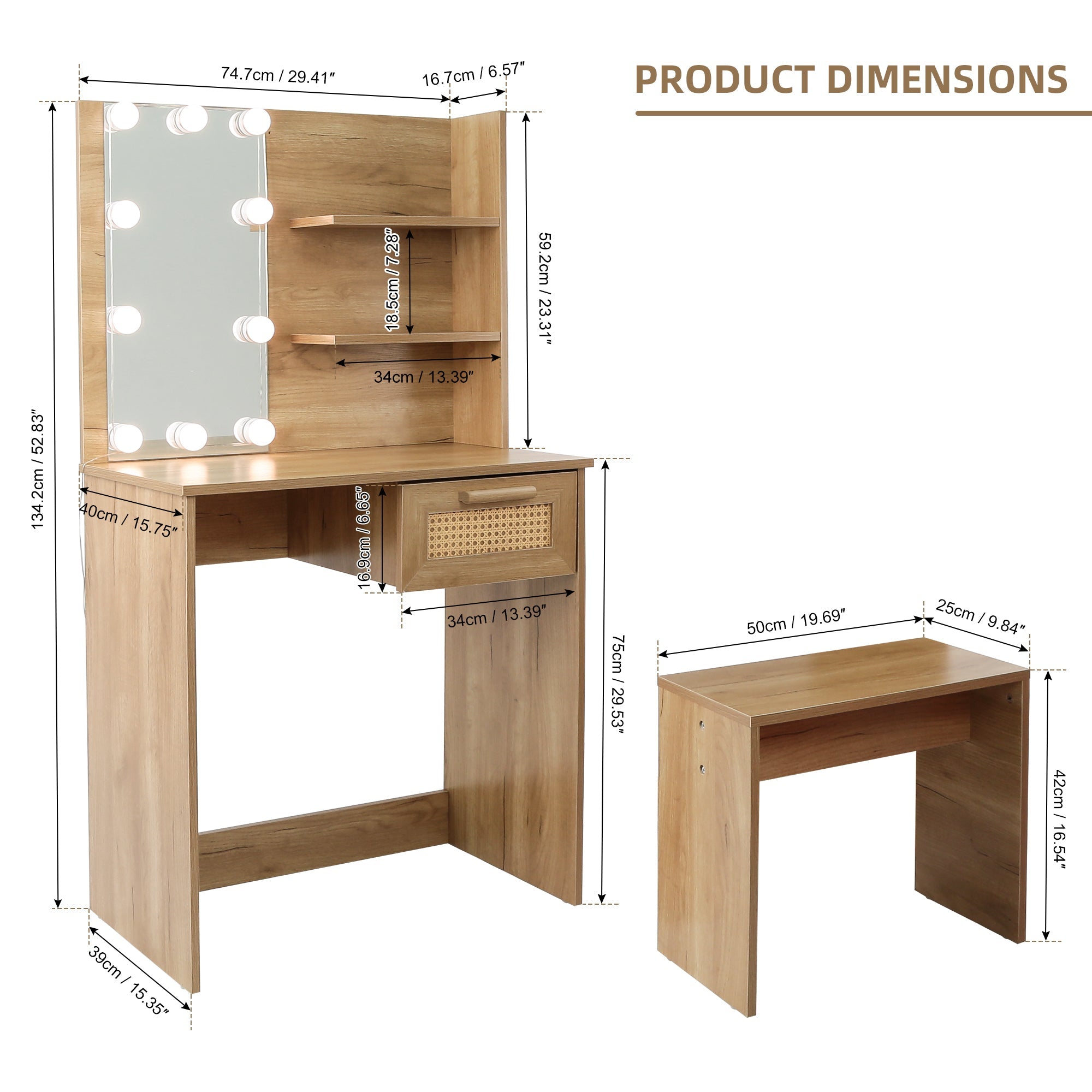 Vanity Desk Set Stool &amp; Dressing Table with LED Lighting Mirror Drawer and Wood Cosmetic Table Chest of Drawers Nature Color