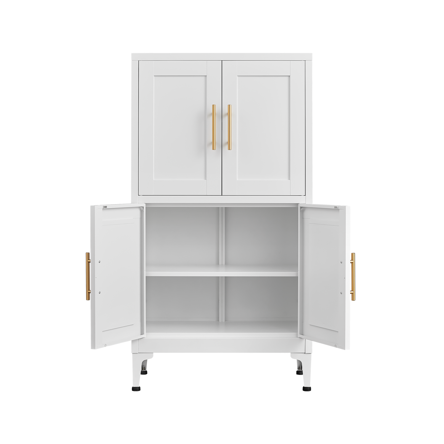 White metal kitchen storage cabinet, kitchen pantry storage cabinet with door and shelf, adjustable leveling feet