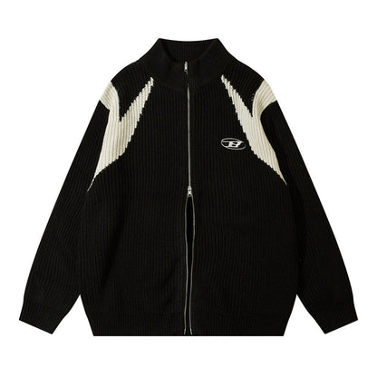 Color Block Zipper Cardigan Sweater Men&