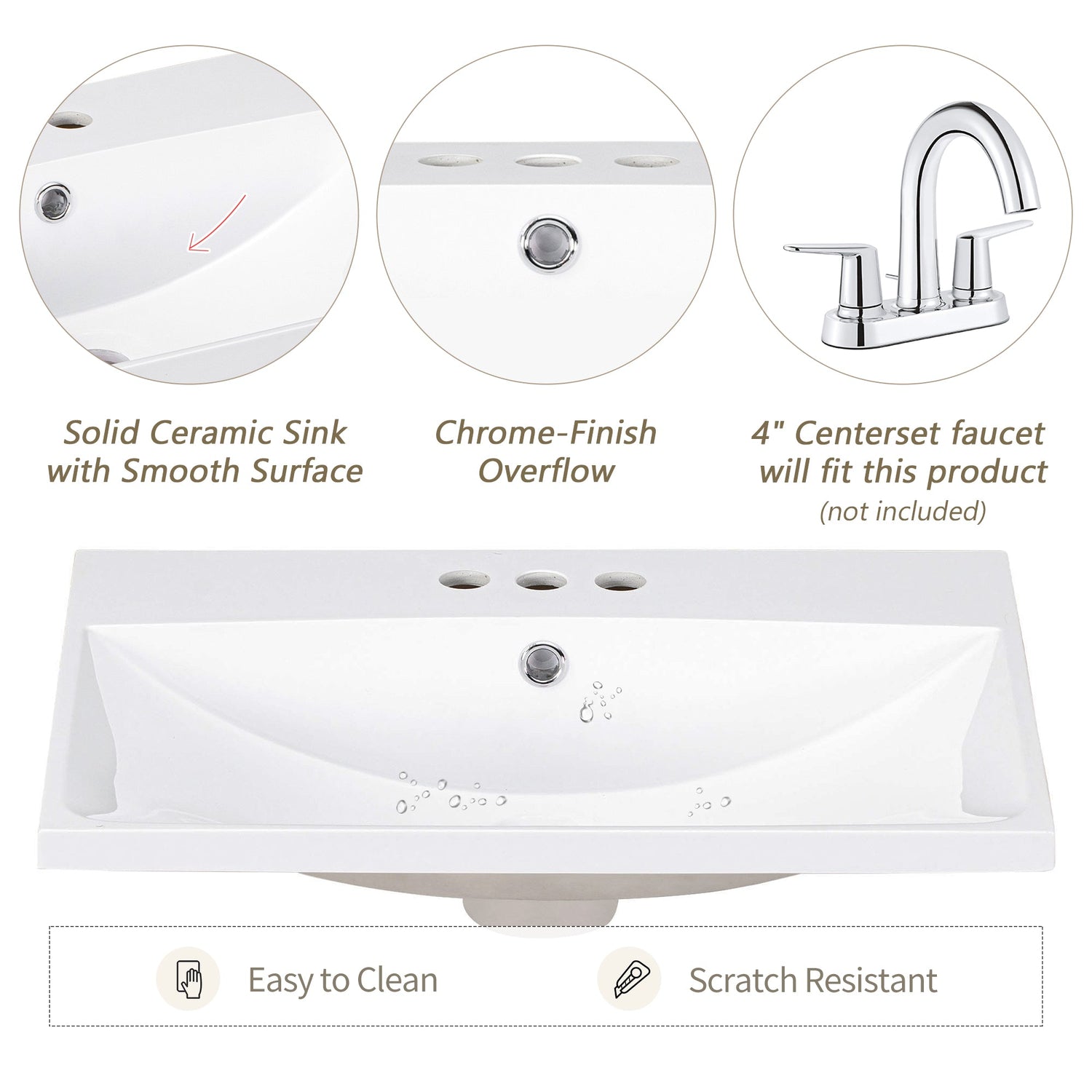 24" Bathroom Vanity Top Only White Basin 3-Faucet Holes  4" Faucet Available Ceramic