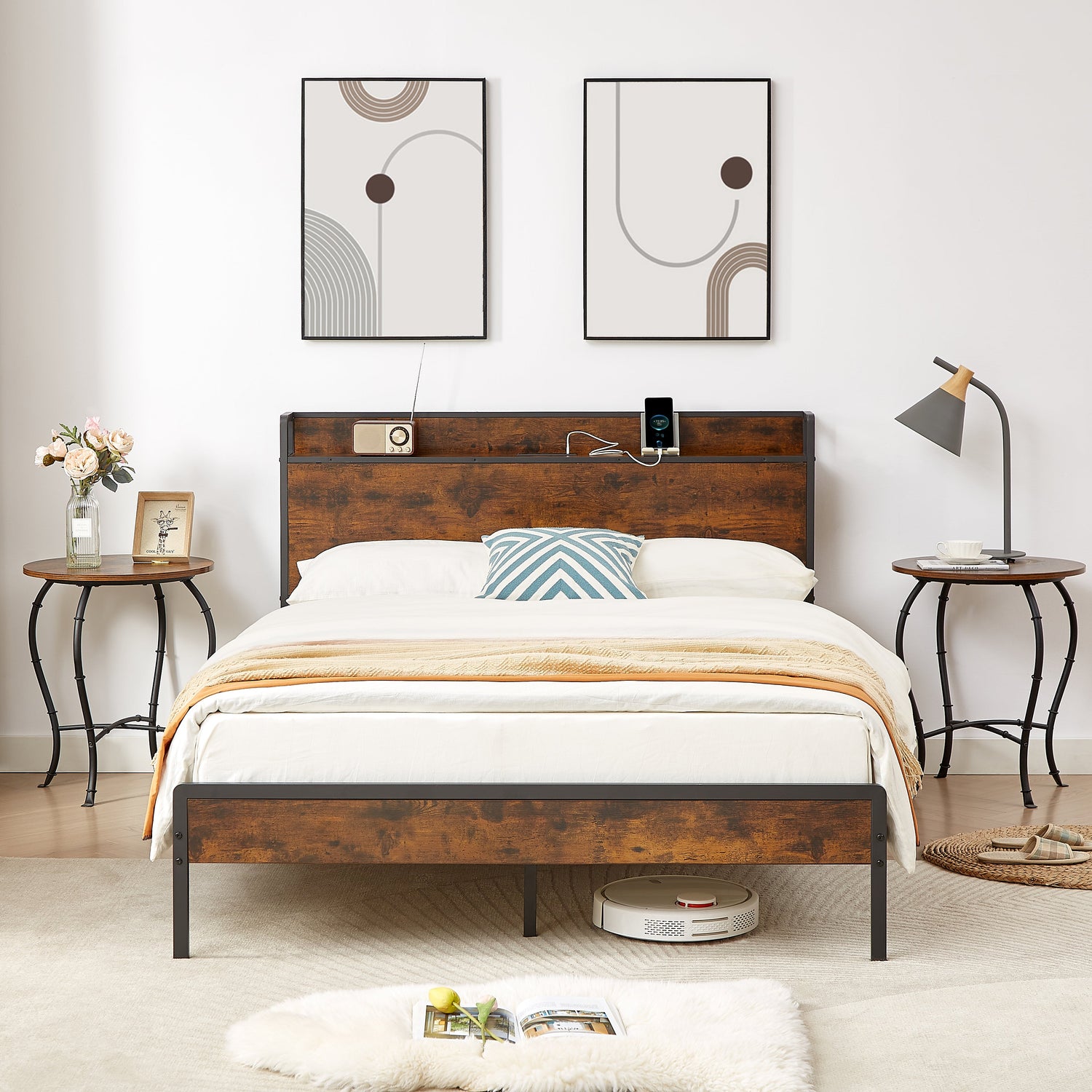 Bed frame with charging station full size, Rustic Brown, 83.1&